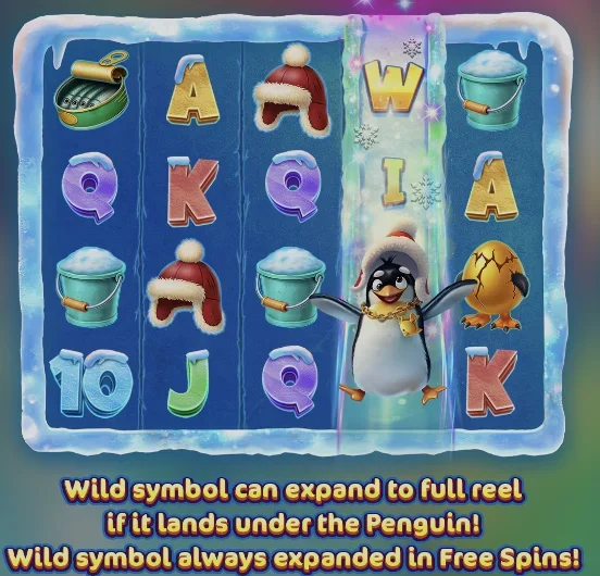 Penguin Payday expanding wilds feature with penguin symbol covering full reel, frost trail animation effects, and multiplier boost display showing increased win potential